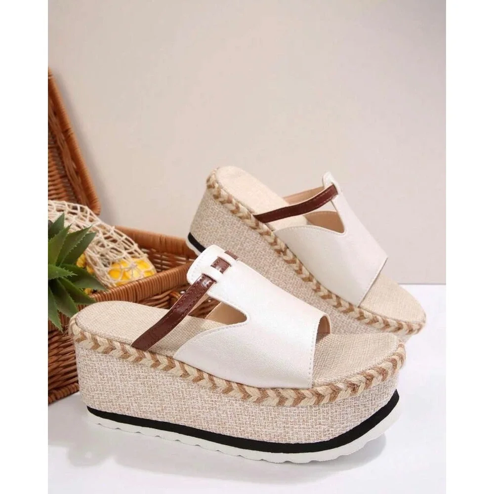 Cream Brown Espadrille Platform Wedge Sandals Mules Size 9 CN 41 Summer Boho